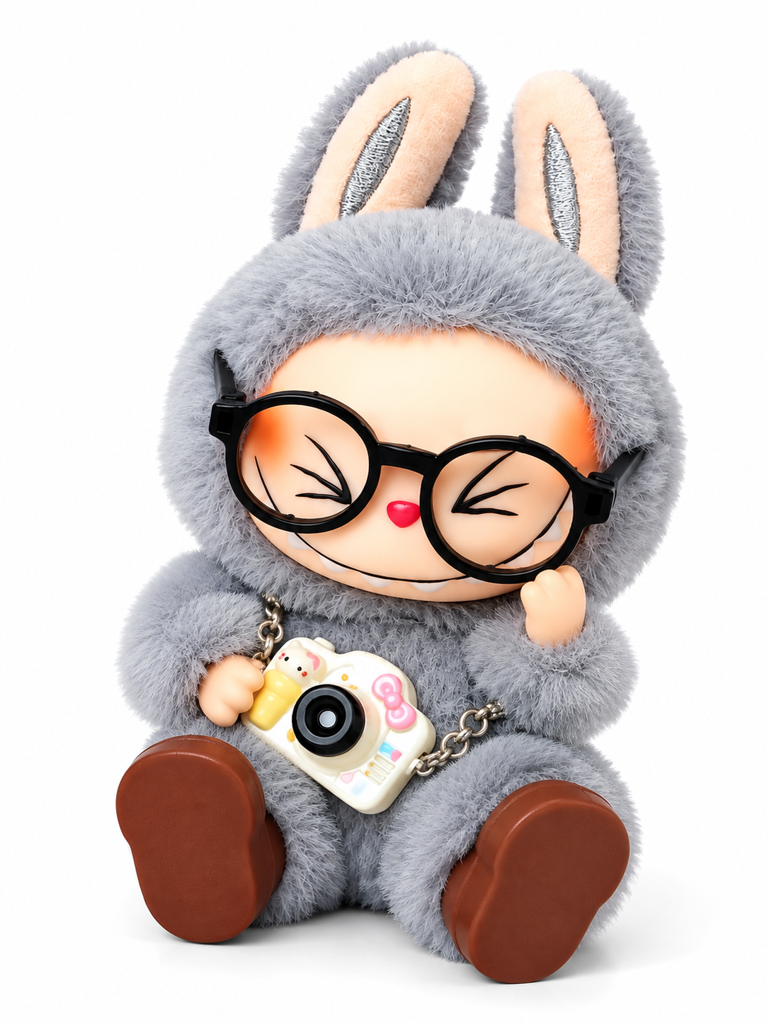 Cute Grey Bunny Plush Doll with Camera & Glasses | Soft Furry Collectible Toy | Adorable Gift for Kids & Plush Toy Lovers
