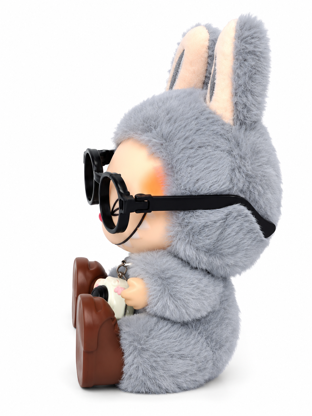 Cute Grey Bunny Plush Doll with Camera & Glasses | Soft Furry Collectible Toy | Adorable Gift for Kids & Plush Toy Lovers